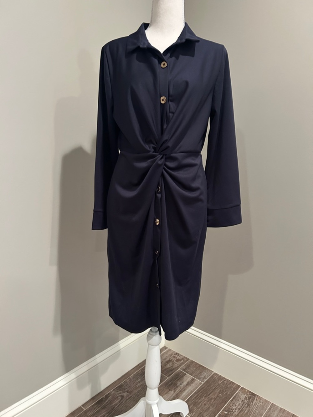 Twist-Front Navy Button-Down Dress